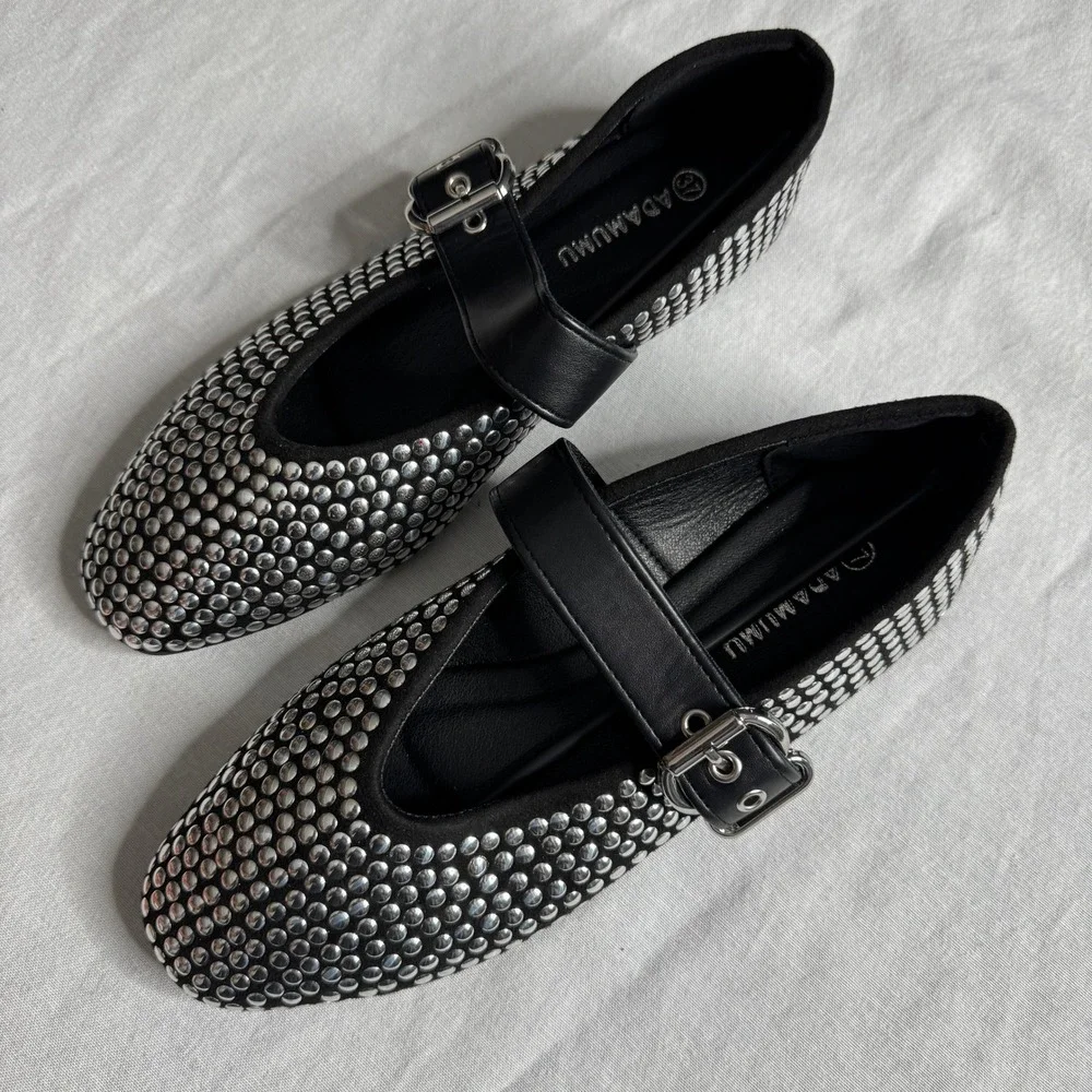 Studded Mary Jane Flats Black Silver Buckle Punk Ballerina Shoes Womens 37 6.5-7